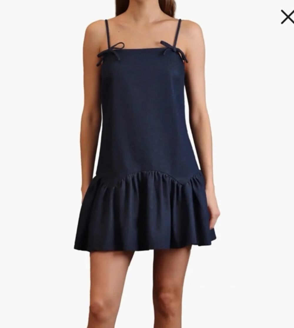 Avec Les Filles Denim Bow Shoulder Ruffle-Hem Baby Doll Mini Dress Size S